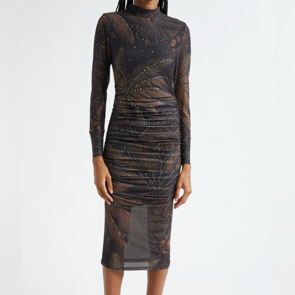 FARM Rio Golden Foliage Black Tulle NWT Long Sleeve Dress Size S